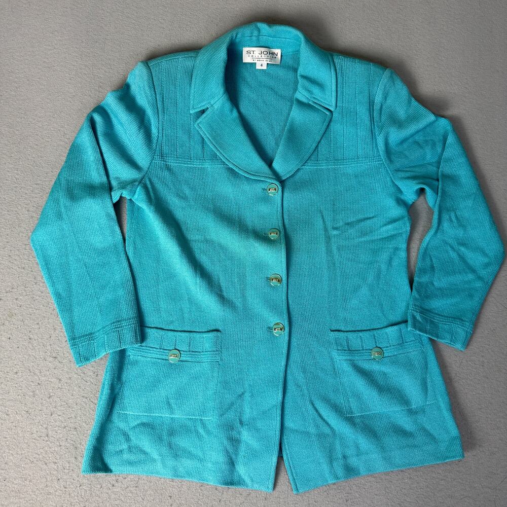 St. John Collection Marie Gray Turquoise Knit Jacket Blazer Women’s Size 4